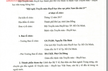 THÔNG BÁO VỀ TỔ CHỨC HỘI NGHỊ TRUYỀN MÁU HUYẾT HỌC KHU VỰC PHÍA NAM LẦN THỨ IV